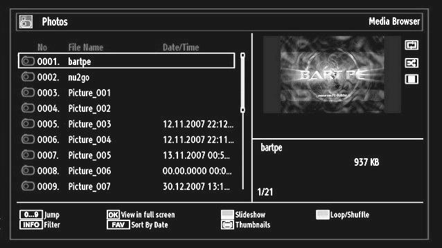 USB Media Browser - continued This TV allows you to enjoy photo, video or music fi les stored on a USB device. Viewing JPG Files To view photo fi les from a USB disk, you can use this menu screen.