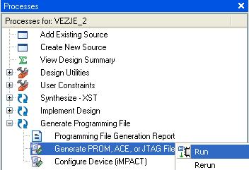 ACE ali JTAG datoteko (Generate PROM, ACE, or JTAG File), kliknemo desno na miški in izberemo Teči (Run) (slika 3.25).