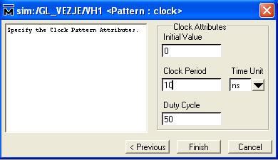 SIMULATOR MODELSIM 51 Določimo uro vzorcu atributov (slika 4.8): Začetna vrednost (Initial Value). Ura periode (Clock Period), kjer izberemo tudi časovno enoto (Time Unit).