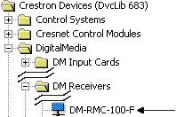 Crestron DM-RMC-100-F DigitalMedia Room Controller, Fiber Locating the DM-RMC-100-F in the Device Library The system tree of the control system displays the DM-RMC-100-F in the appropriate slot with