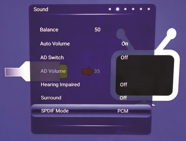 SOUND SETUP SOUND MODE EQ SETTING BALANCE AUTO VOLUME AD SWITCH HEARING IMPARED SURROUND SPDIF MODE Select the sound mode required.