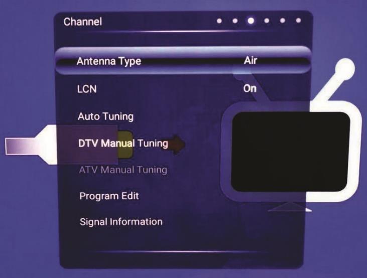 DTV MANUAL TUNING Enter the sub menu to make changes to the tuning for individual channels.