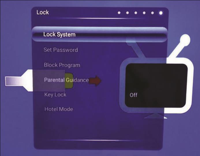 LOCK Lock System Set Password Block Program Parental Guidance Button Lock Hotel Mode Allows the system lock to be activated and deactivated.