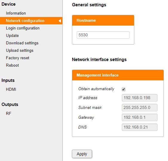 DEVICE > Network Configuration You can change the Hostname and the network interface