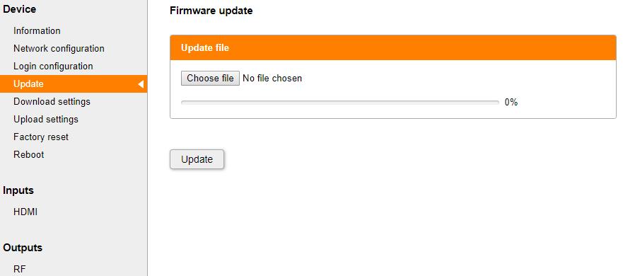 DEVICE > Update Click on Choose file, and open the upgrade file. Click Update to send the file to the device, this will install the new firmware on the device.