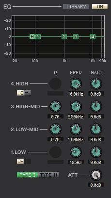EQ (EQUALIZER) 1 2 3 4 5 6 7 8 9 0 A 1 LIBRARY Accesses the INPUT EQ page of the Library window. 2 ON Switches the EQ (Parametric Equalizer) on/off of the currently selected channel.