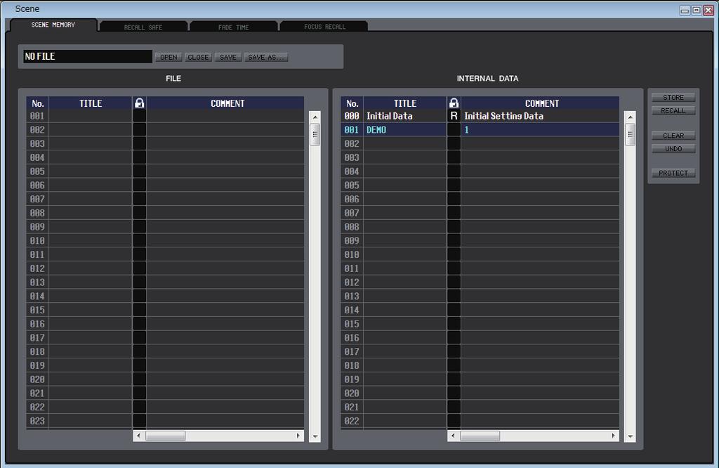 Scene window Here you can manage scene memories, and make various settings related to scene recall operations. This window is divided into SCENE MEMORY, RECALL SAFE, FADE TIME, and FOCUS RECALL pages.