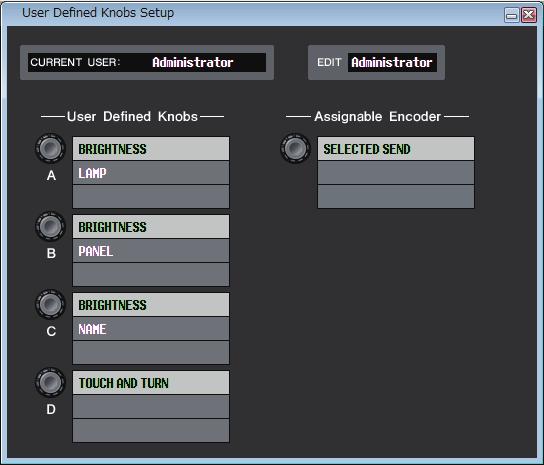 User Defined Knobs Setup window In this window, you can specify the functions or parameters to be assigned to the USER DEFINED knobs and Assignable Encoder of the CL.