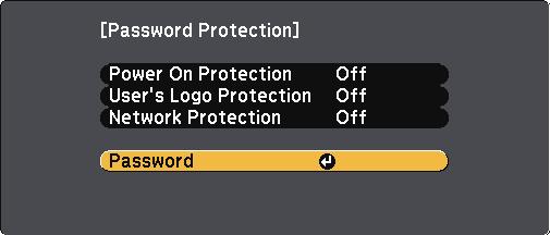 Projector Security Fetures 77 c d You see the prompt "Chnge the pssword?". Select Yes nd press [Enter]. pssword displyed If you select No, the Pssword Protection setting menu is gin.