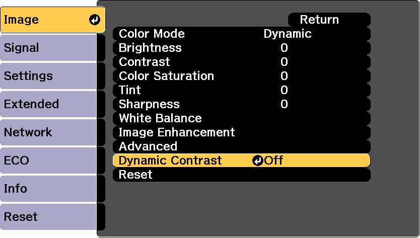 Color Mode 52 b Press the [Menu] button on the control pnel or remote control. d Select Dynmic Contrst nd press [Enter]. c Select the Imge menu nd press [Enter].