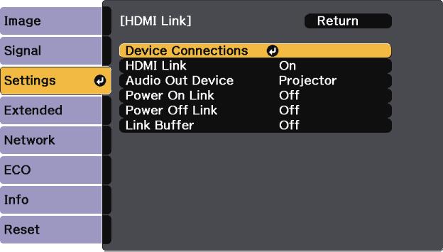 HDMI Link Fetures 61 g Select the device you wnt to control nd project the imge from, nd press [Enter]. Power Off Link only works when the connected device's CEC power link function is enbled.