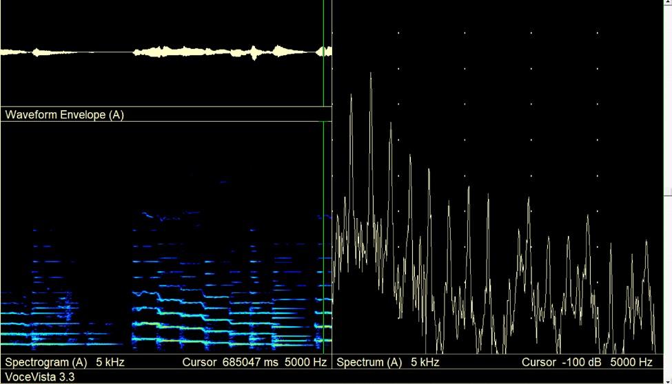 Figure 2.6, Student 6, a descending five note scale at D4 on [a]; some piano interference Phonation Balance: The phonation of Student 6 is very abducted in the Spectrogram (A) analysis of Figure 2.6. There is some vibrato present throughout the exercise though it is not stable.