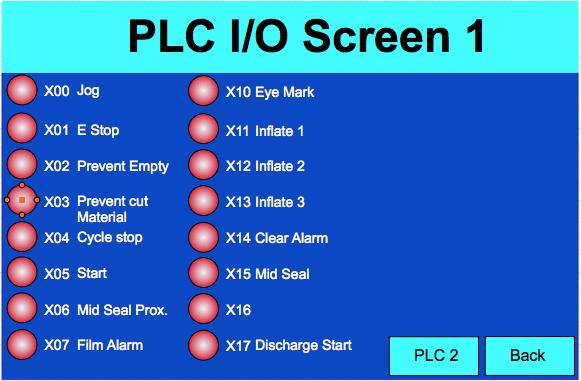 PLC I/O Screen 1 Display/Set Button X00 Jog Light on Displays the Jog Input is working Display/Set Button X01 E Stop Light on Displays the Emergency Stop Input is working Display/Set Button X02