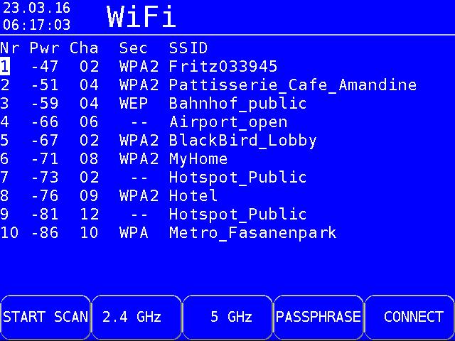 148 Chapter 24 - Wi-Fi Figure 24-2 Wi-Fi accesspoint list 24.5.3 Level measurement of a single access point In the level measurement, the measuring device has to connect with the access point before.
