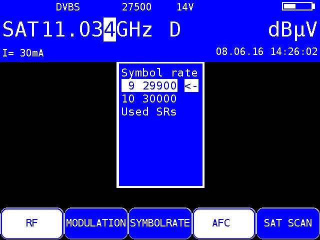 Chapter 6 - SAT Measuring Range 29 6.2 DVB-S/S2 operating mode Here you can receive the digitally modulated signals in the DVB-S/S2 standard and measure their signal quality. 6.2.1 Selection of modulation Under MODULATION -> DVB-S or DVB-S2, you can select the modulation type DVB-S/S2.