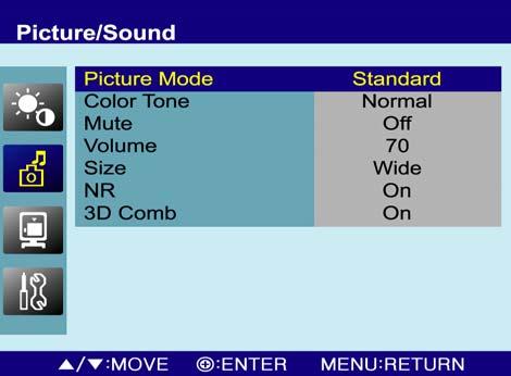 B. Picture/Sound Option Function Value Picture Mode Sets picture mode. See table below Color Tone Sets color tone. See table below Mute Mutes speaker sound.