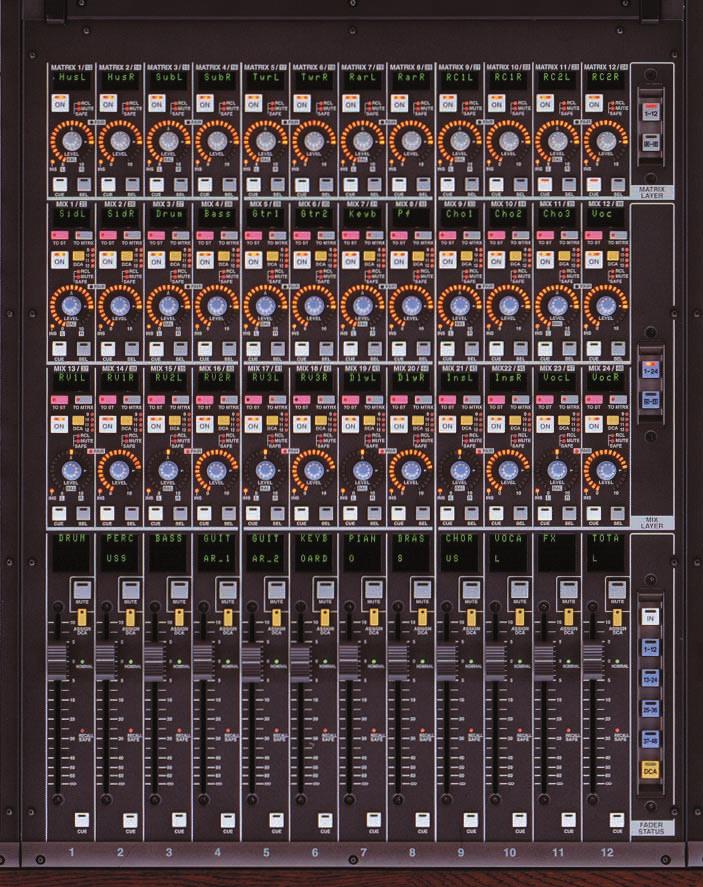corresponding channel to the ECTED OUTPUT CHANNEL controls. 4 MIX OUTPUT modules are provided, with MIX LAYER switches which determine whether mix busses 1 through 4 or 5 through 48 are controlled.