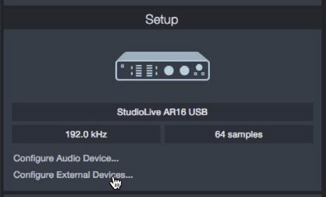 8 Studio One Artist Quick Start 8.2 Setting Up Studio One 8.2.2 Configuring MIDI Devices In the Options window, click on the Audio Setup tab and select your device driver from the pull-down.
