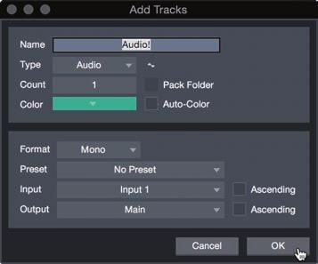Power User Tip: If you would like to add an audio track for each of the available inputs, simply go to Track Add Tracks for All Inputs.