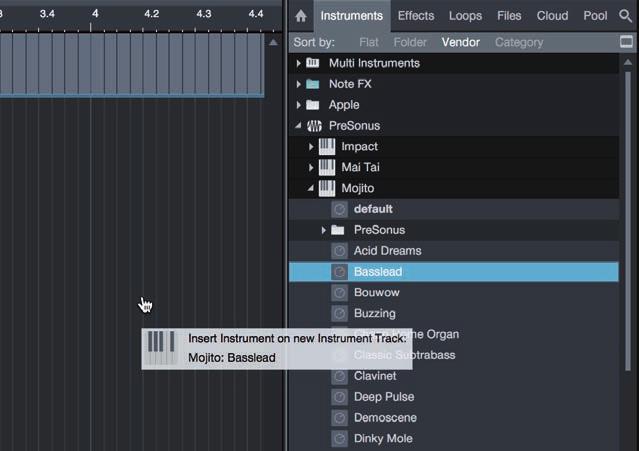 through a menu. Opening the browser. In the lower right corner of the Arrange window are three buttons: Drag-and-drop virtual instruments. The Edit button opens and closes the audio and MIDI editors.
