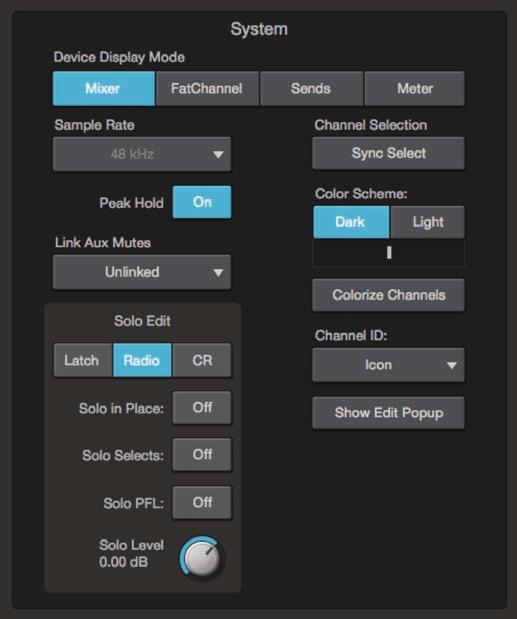 5 UC Surface Mix Control Software 5.7 The Settings Page 5.7.1.3 System Settings StudioLive Series III The System Settings area allows you to customize your StudioLive mixer.