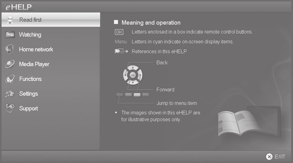 Using ehelp (Built-in Manual) ehelp is a built-in manual that explains how to easily operate the TV's features.