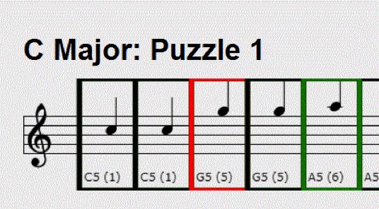 Figure 1: A green box surrounds the current note played to the user. A red box surrounds incorrect guesses. ACM Classification Keywords H.5.m. Information interfaces and presentation (e.g., HCI): Miscellaneous Introduction Learning to read music and understanding the fundamentals of music theory takes a long time.