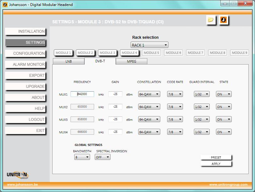 Go to the DVB-T tab page to configure the multiplexes (Figure 3.8). Figure 3.8: Setup of the modules: DVB-T output settings FREQUENCY: Center frequency of the DVB-T channel.