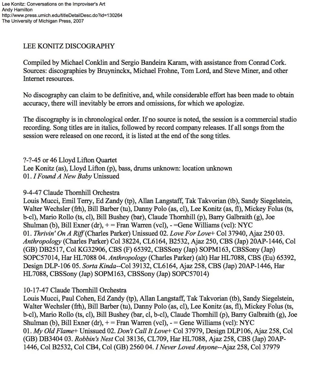Online PDF Versions of Discographies (II) Online Lee Konitz discography (University of Michigan Press)