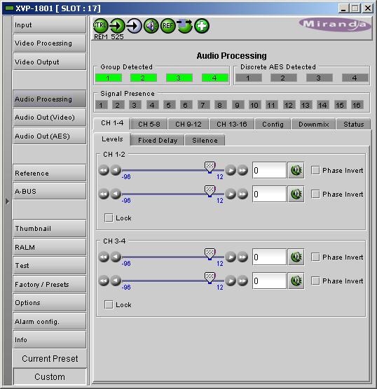 3.5.5 The Audio Processing group The Audio Processing group provides full audio processing and delay parameters for the input embedded or discrete audio channels.