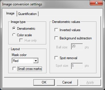 4. Import and quantification 5 The Image tab offers two choices for the Image type: Densitometric and Color scale. In case the color reaction can be interpreted as a simple change in intensity (e.g. from light to dark), one should select Densitometric.