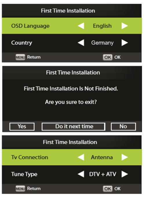 ENG VIVAX BASIC FEATURES The first installation OSD Language Press button to select OSD Language, and then Press to set. Country Press button to select Country,and then Press to set.