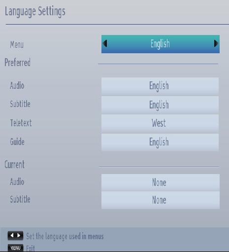 Language Selection English Language Settings Using this menu you can adjust the preferred language settings. Press MENU button and select Settings by using Left or Right button.