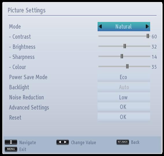 Configuring Picture Settings You can configure picture settings of your TV by using Picture Settings menu. English Configuring Picture Settings You can use different picture settings in detail.