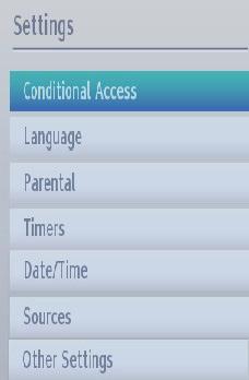 English Settings Menu Operation, Conditional Access Configuring Your TV s Settings Detailed settings can be configured to suit your personal preferences.
