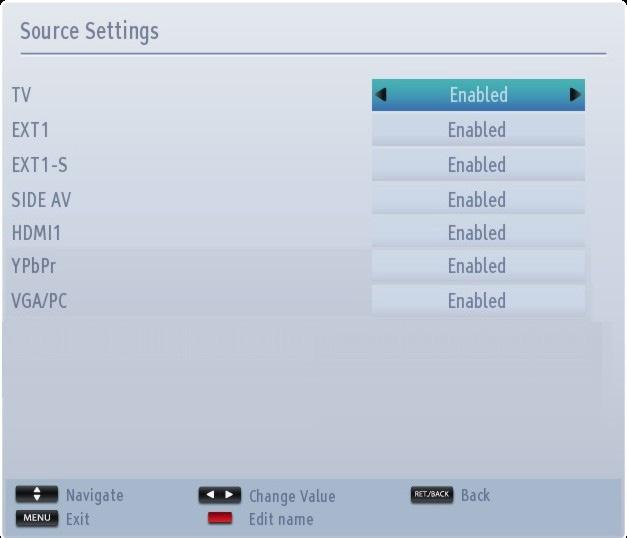 English Source Settings, Other Controls Configuring Source Settings You can enables or disable selected source options.