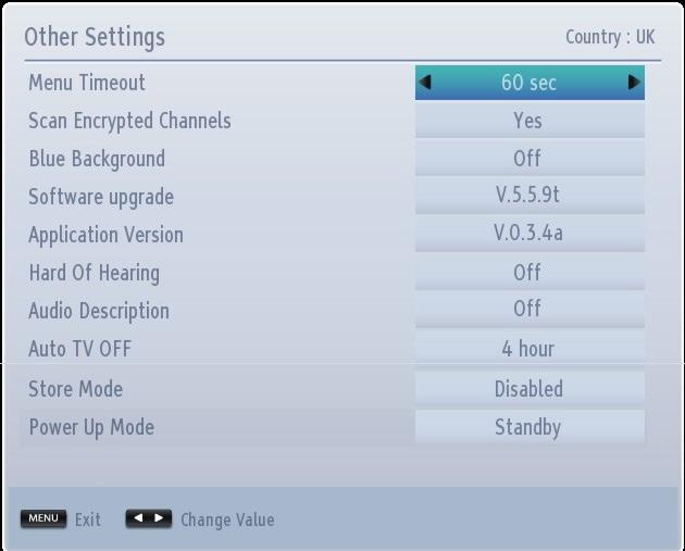 Select Settings from main menu and press OK to view the Settings menu. Press the MENU button on the remote control to exit.