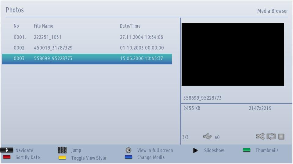 USB Media Browser - continued This TV allows you to enjoy photo, music or video files stored on a USB memory English Playing MP3 Files To play mp3 files from a USB memory, you can use this menu