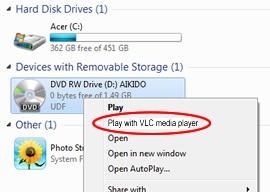 Right click on the DVD icon, Left click Play with VLC media player.