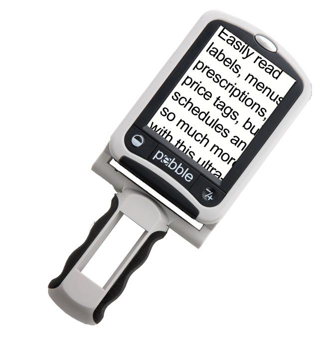 The Pebble is a handheld electronic video magnifier that you can take anywhere.