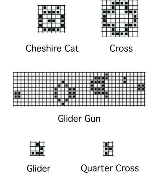 1 Game of Life music 3 Fig. 1.2 A few examples of initial GL configurations. Note that the glider configuration was used in the example in Fig. 1.1. forms rather than or in addition to visual forms.