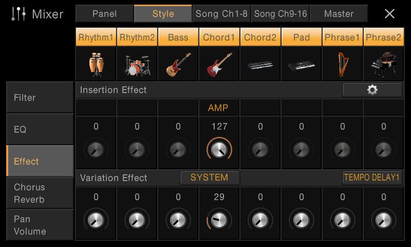 Editing the Volume and Tonal Balance (Mixer) 1 Select the desired EQ type to be edited. FLAT: Flat EQ settings. The gain of each frequency is set to 0dB.