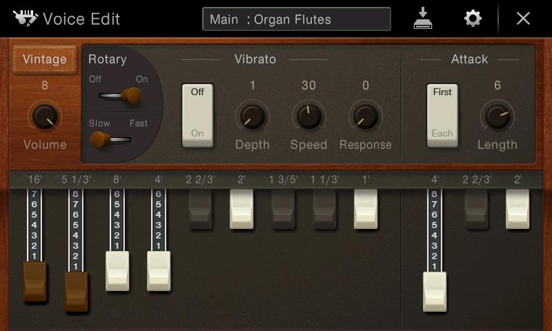 Editing an Organ Flutes Voice (Voice Edit) The Organ Flute Voices can be edited by adjusting the footage levers, adding the attack sound, applying effect and equalizer, etc.