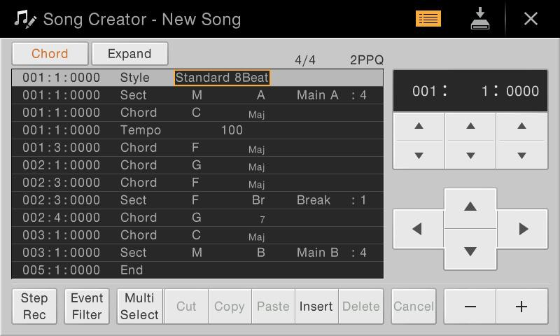 Creating/Editing MIDI Songs (Song Creator) 3 Enter the chords for the Main B section. 3-1 Press the MAIN VARIATION [B] button. 3-2 Touch the whole-note length ( ) to turn it on.