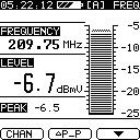Frequency Mode When set to the Frequency Mode, the Model Three displays the frequency and level for the desired channel. To access this screen, press the key.
