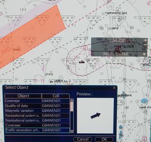 ECDIS D in Scenario 1 lists both the control (GB4WEND1) and overlapping cell (GB4WEND2) of the TSSLPT and if selected from the Pick report will display the corresponding TSSLPT (Fig 13 & 14).