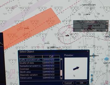 Figure 14 ECDIS D displaying TSSLPT with multiple cells listed in Pick Report, highlighted TSSLPT different in GB4WEND2.