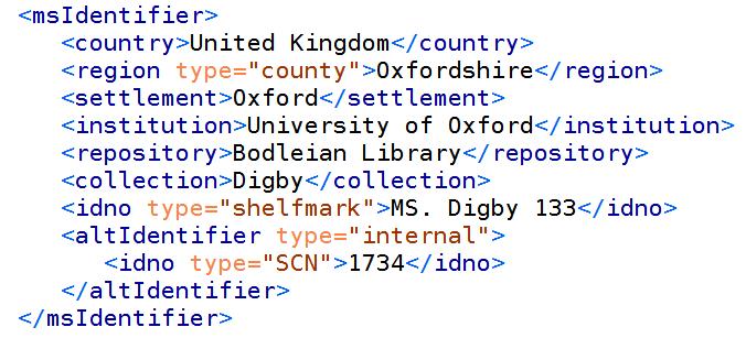 In the manuscript identifier above, we locate the manuscript as in the United Kingdom, in Oxfordshire, in Oxford, at the University of Oxford, and inside that at the Bodleian Library, as part of the