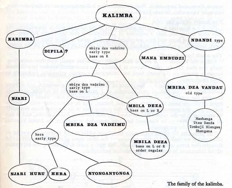 FIGURE 11. The diagram shows the proposed relationships of the kalimba and its descendants. (Reproduced from A. Tracey 1972: 89).