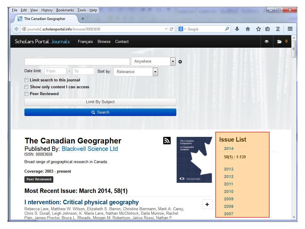 Slide 9 A new window will open up, and this shows us the journal Canadian Geographer, available from the Scholars Portal database.